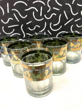 MCM Cera Green/gold Grapes Arches Old Fashioned Glasses lowball  set of 6